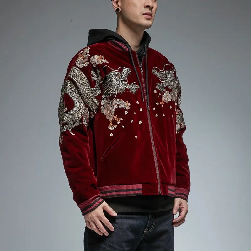 Demon Dragon Embroidered Bomber Jacket