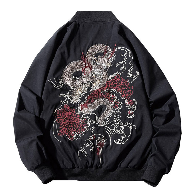 Black bomber jacket with a traditional Japanese-style dragon embroidery in red and silver, surrounded by cloud and wave patterns