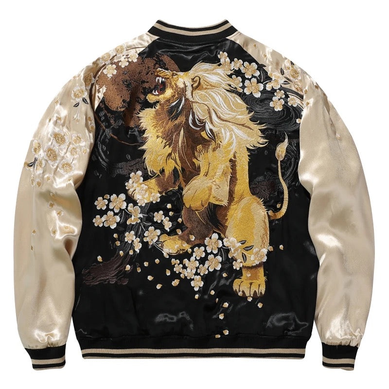 Luxury embroidered lion bomber jacket with cherry blossom details, featuring a roaring lion design on the back.