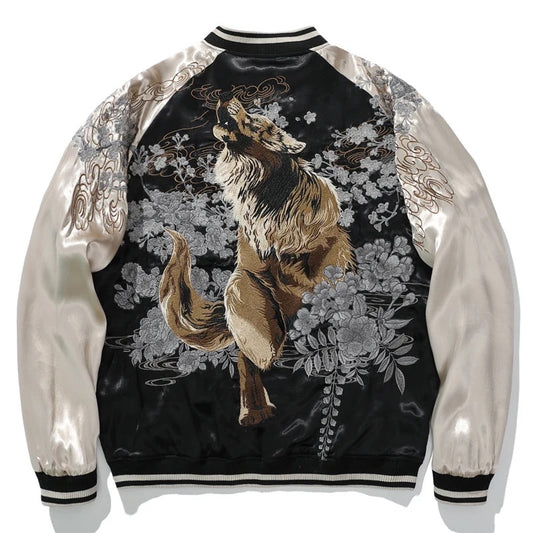 Embroidered bomber jacket with a majestic howling wolf design, surrounded by floral patterns on satin sleeves.