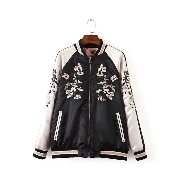 Pink Blossom Embroidered Bomber Jacket