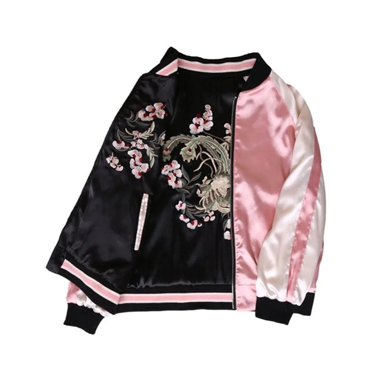 Pink Blossom Embroidered Bomber Jacket