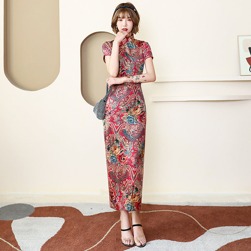 Chinese Pattern Rose Cheongsam Dress