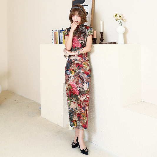 Chinese Flower Paint Cheongsam Dress