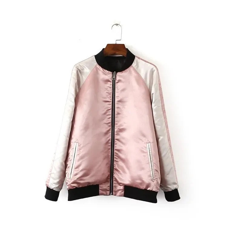 Pink Blossom Embroidered Bomber Jacket