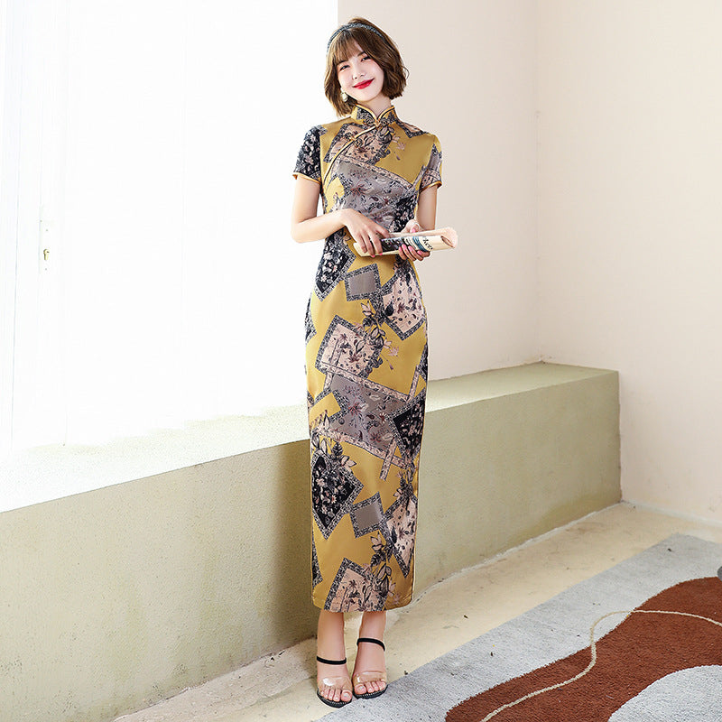 Chinese Yellow Patch Cheongsam Dress