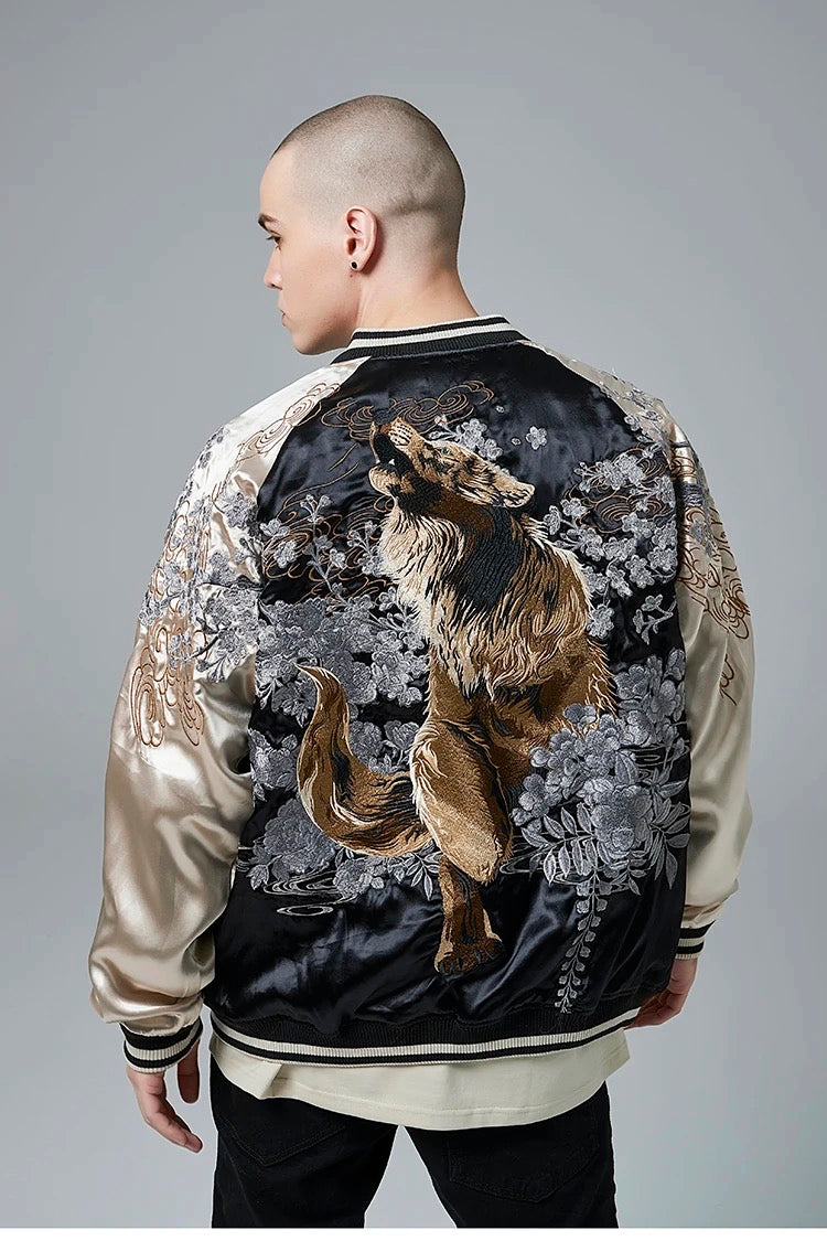 Floral Wolf Embroidered Bomber Jacket