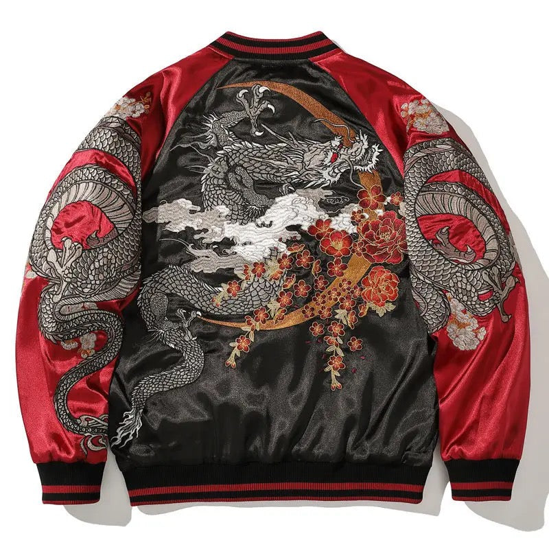 Red and black embroidered jacket featuring a dragon and cherry blossom motifs with intricate Japanese-inspired design