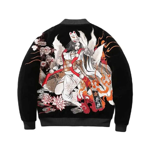 Embroidered black bomber jacket with a nine-tail fox design featuring intricate Japanese-inspired motifs, including flowers and flames.