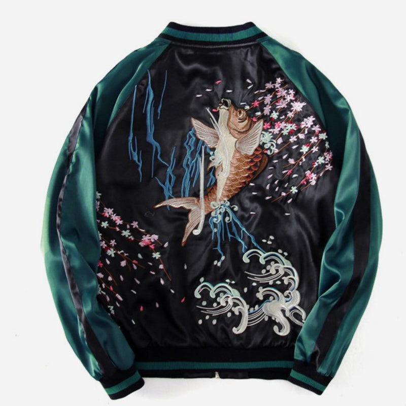 Koi Carp Embroidered Bomber Jacket by YingFlame, featuring traditional Japanese koi carp design with cherry blossoms and waves.