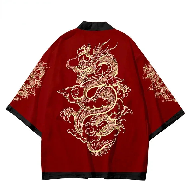 Dragon Graphic Japanese Cardigan Kimono Ladies Traditional Asian Chinese Style Children Haori Red Harajuku Beach Yukata Men