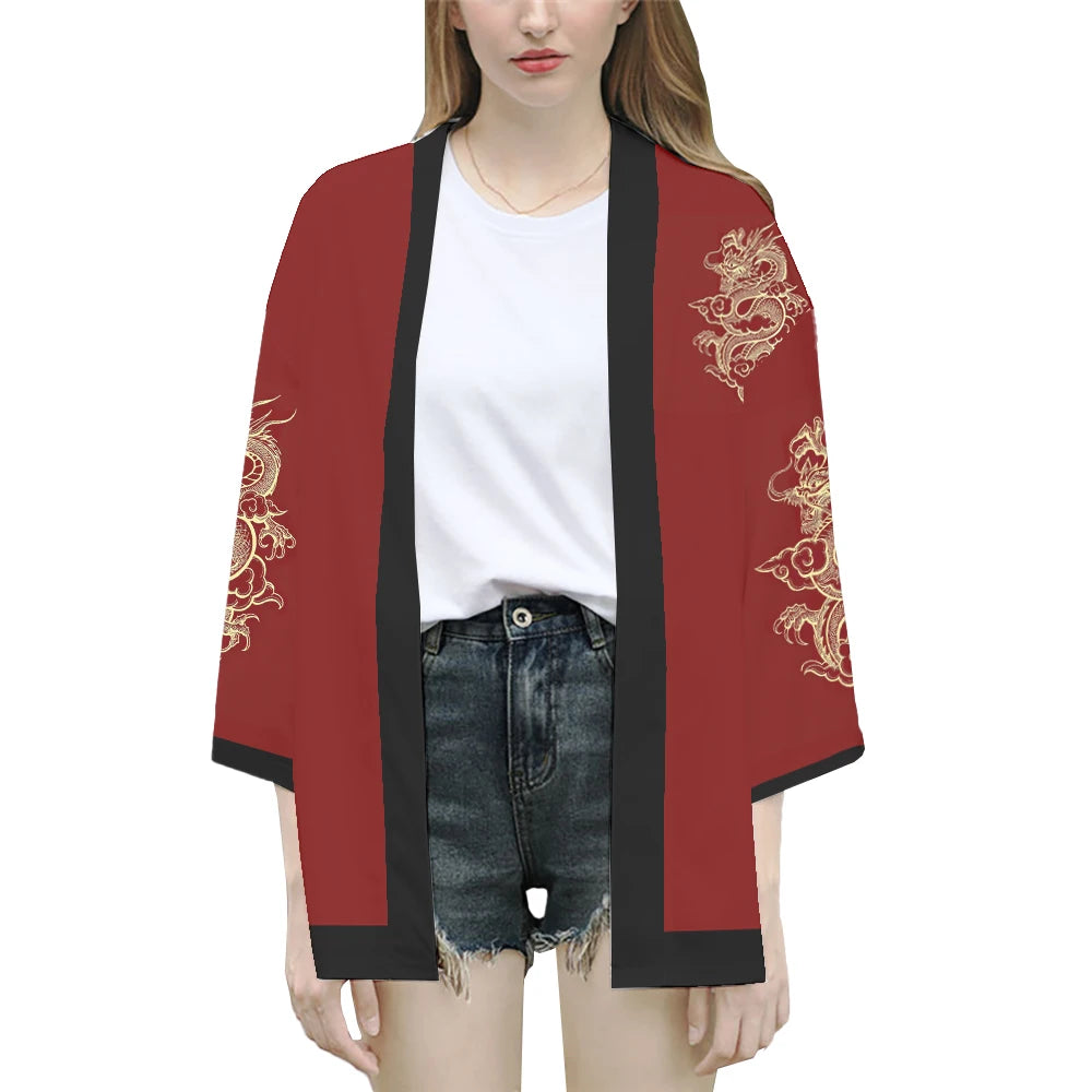 Dragon Graphic Japanese Cardigan Kimono Ladies Traditional Asian Chinese Style Children Haori Red Harajuku Beach Yukata Men