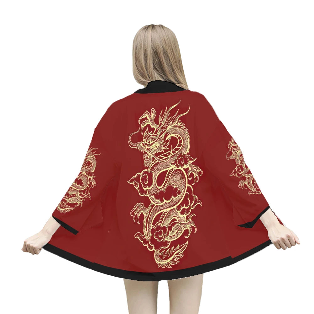 Dragon Graphic Japanese Cardigan Kimono Ladies Traditional Asian Chinese Style Children Haori Red Harajuku Beach Yukata Men