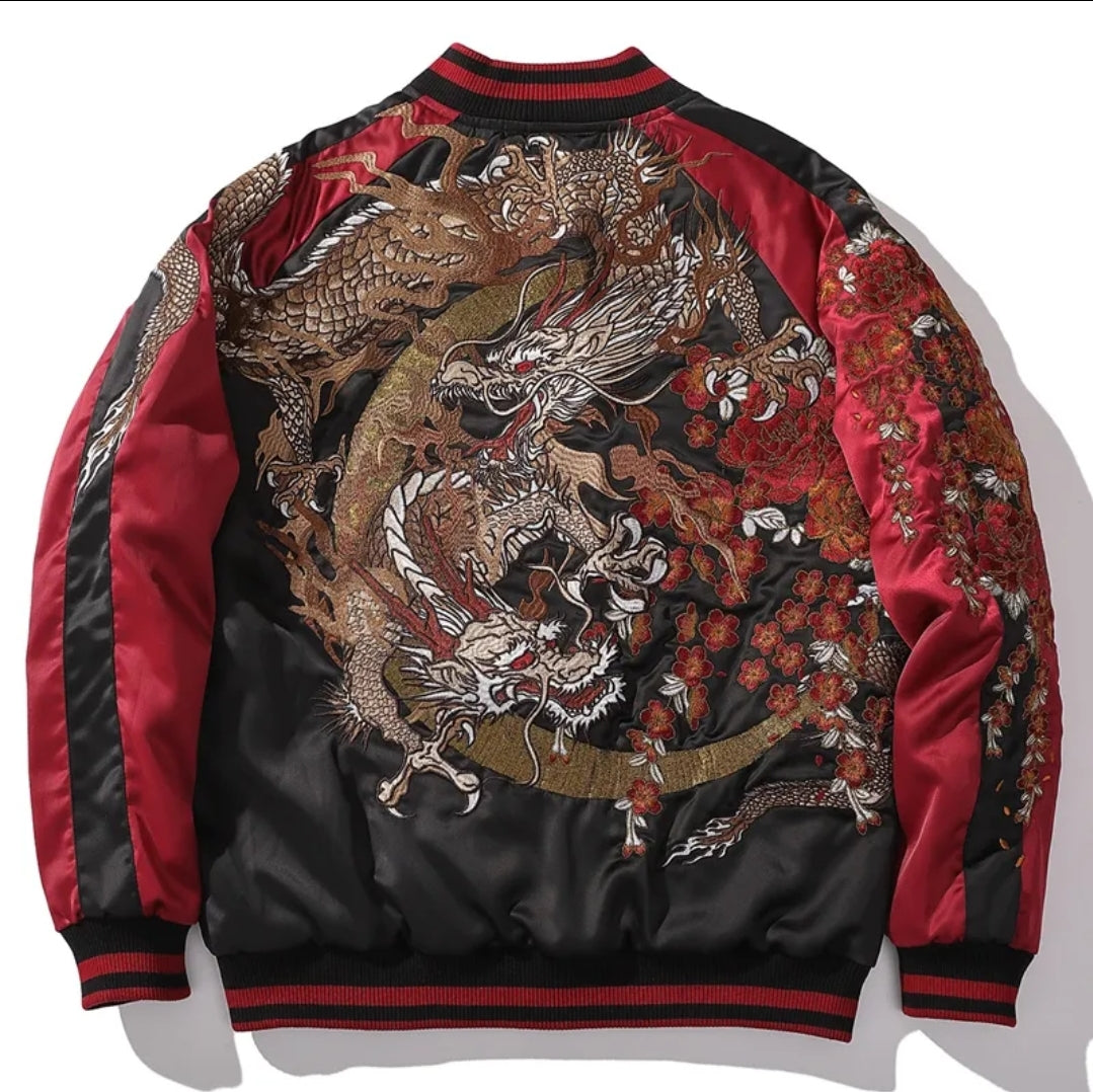 Three-Dragon Embroidered Bomber Jacket