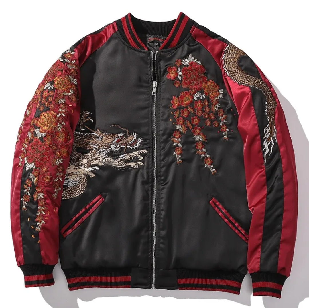 Three-Dragon Embroidered Bomber Jacket