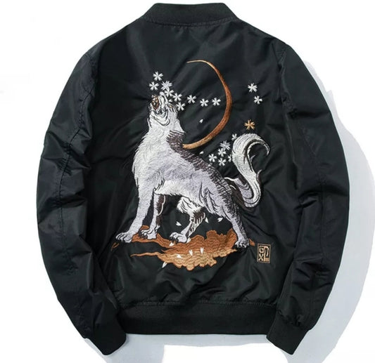 Wolf Embroidered Bomber Jacket